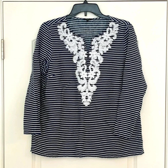 Talbots Blue/White Striped Linen Embroidered Top Size Medium - Picture 1 of 5